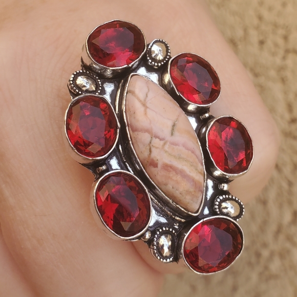New Oversized Rhodochrosite & Garnet 925 Silver Statement Ring. - Picture 9 of 16